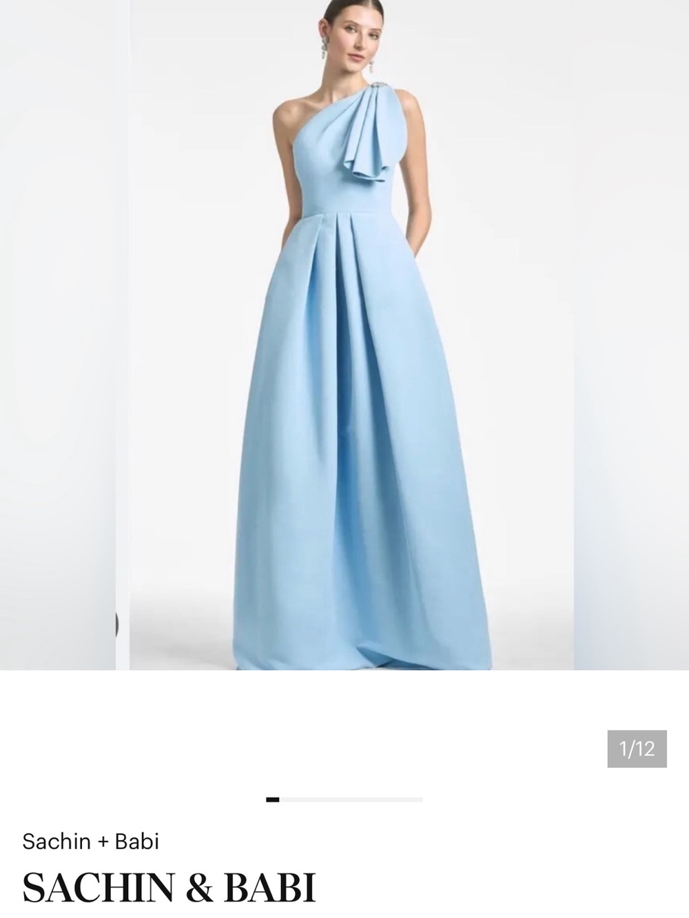 Sachin + Babi Pale Blue One-Shoulder Pleated Gown
